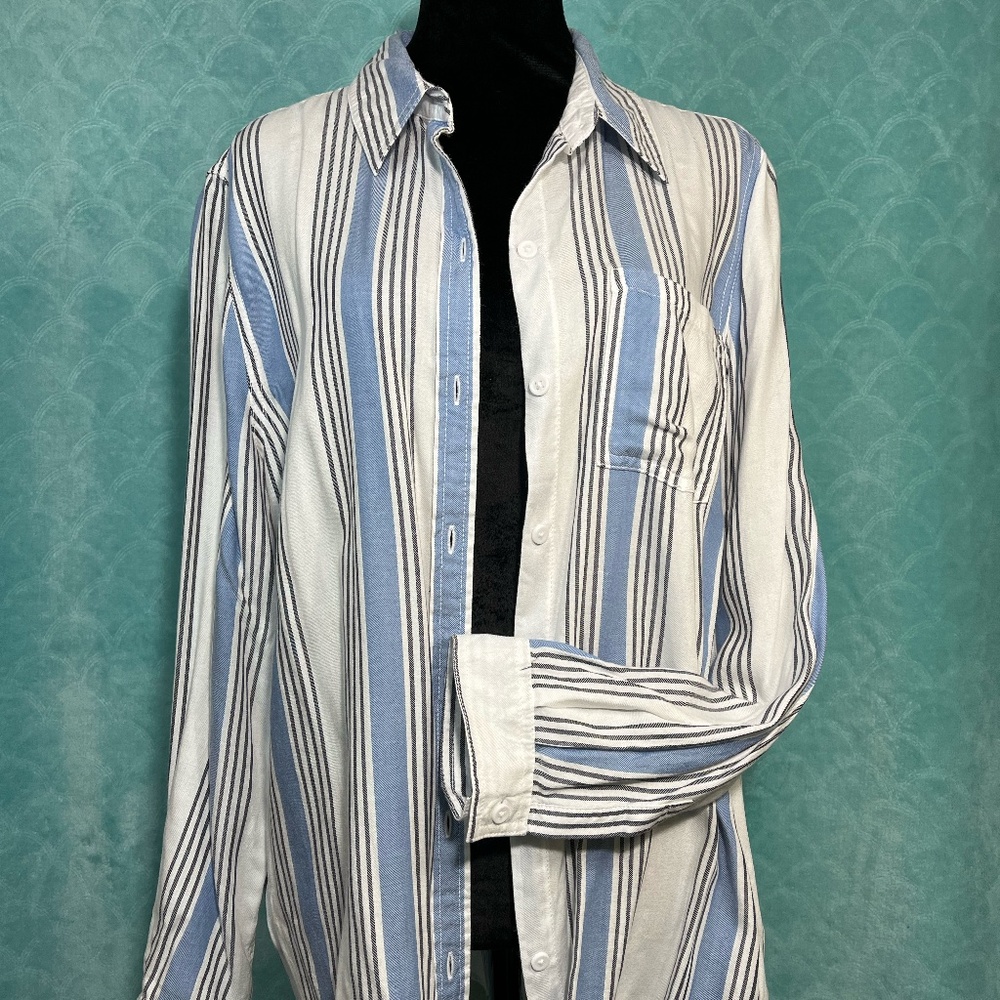 Beach Lunch Lounge Oversized Striped Button Down Tunic Shirt Coastal Large